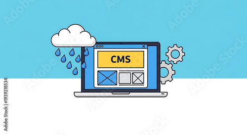 A computer displays a content management system on a rainy day with gears and a cloud.