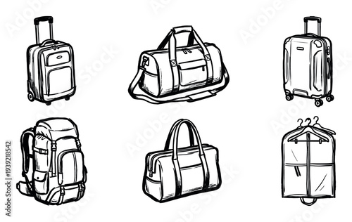 Collection of various travel luggage items including a suitcase, duffel bag, backpack, and garment bag, hand-drawn in a simple black and white sketch illustration style