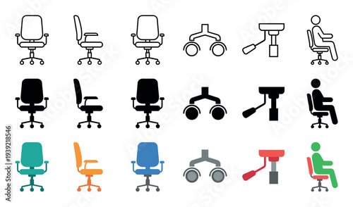 Collection of office chair vector icons in various styles including line art, solid silhouette, and flat color, showing different views and component parts like wheels
