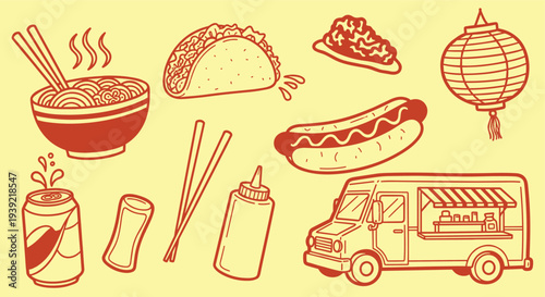 Vibrant collection of delicious street food icons and illustrations including noodles tacos hot dogs and a food truck