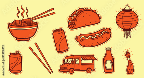 Collection of stylized orange food and drink icons including noodles ramen taco hotdog soda can and food truck on a plain yellow background