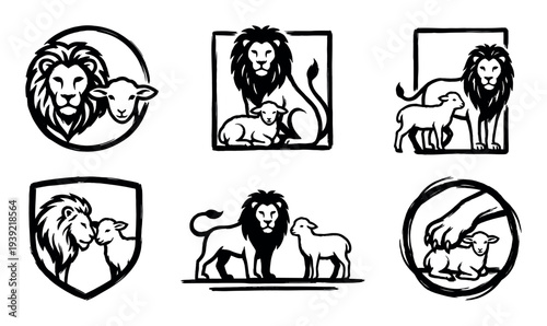 Set of six black and white icons depicting a lion and a lamb together in various peaceful poses, rendered in a bold, graphic, brushstroke style for logos or emblems