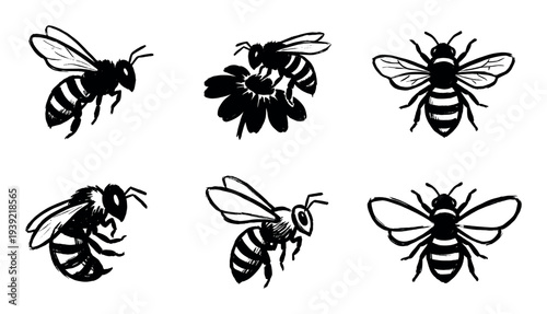 Set of six black honeybee silhouettes drawn in an artistic ink brush style, featuring various poses of the flying insect including one collecting nectar from a simple flower