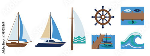 Collection of nautical themed vector icons showing sailboats, a ship's wheel, a wooden pier, and a stylized ocean wave in a flat, minimalist graphic design style