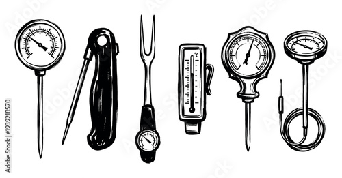 Collection of various kitchen thermometers and a meat fork for cooking, grilling, and barbecue, rendered in a bold black and white hand-drawn illustration style