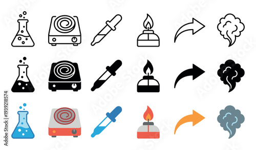 Set of science laboratory equipment icons for a chemical reaction, including a flask, hot plate, burner, and dropper, presented in outline, silhouette, and flat color styles