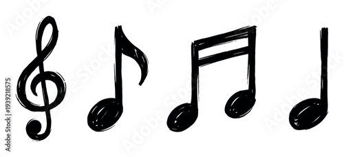 Set of hand-drawn black musical notes and a treble clef in a sketchy, artistic brush stroke style, representing melody, composition, and sound for creative design