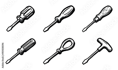 Set of six hand-drawn screwdrivers with various handle designs shown in a black and white ink sketch illustration style, representing repair and DIY work tools