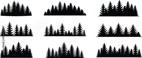 Black coniferous tree cluster silhouettes, forest groupings, evergreen pine shapes, nature landscape vector illustration design artwork for creative projects