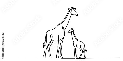 Mother And Baby Giraffe Standing Together In Simple Line Style