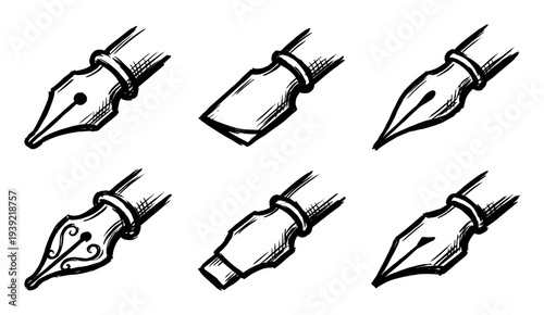 Set of six hand-drawn fountain pen nibs in a black ink sketch style, showcasing various classic and ornate designs for calligraphy and creative writing concepts