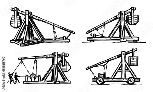 Four hand-drawn medieval trebuchet illustrations in a bold black ink sketch style, showcasing different designs and operations of the ancient siege engine weapon