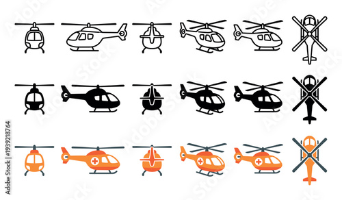 Collection of helicopter vector icons presented in outline, silhouette, and color styles, including a medical variant, shown from front, side, and top-down perspectives