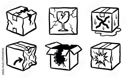 Set of six damaged package icons showing broken, wet, and crushed cardboard boxes in a rough, hand-drawn black and white ink illustration style for shipping concepts