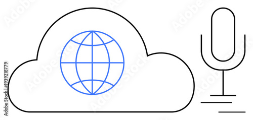 Cloud with globe inside and microphone symbol represent voice technology, cloud-based services, and global interconnectivity. Ideal for AI, technology, communication, networking, globalization