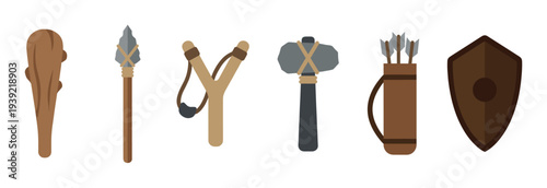 Set of ancient prehistoric weapons and tools including a club, spear, slingshot, stone axe, quiver with arrows, and a shield, presented as a flat vector illustration collection