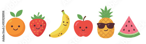 Set of cute cartoon fruit characters with happy smiling faces, including an orange, strawberry, winking banana, apple, cool pineapple with sunglasses, and a watermelon slice