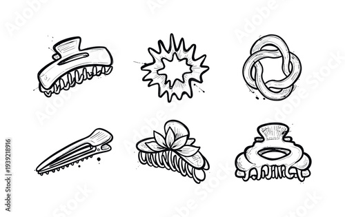 Collection of hand-drawn hair clips and abstract shapes in a black and white ink sketch style with bold outlines and graphic details, showing various accessory designs
