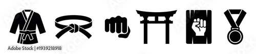 Set of black martial arts icons showing a gi uniform, black belt, clenched fist, torii gate, breaking board, and medal in a minimalist glyph style for combat sports
