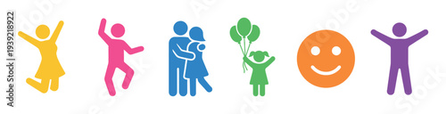 Colorful set of flat vector icons depicting happy people, family, and positive emotions in a simple graphic style with a vibrant and cheerful color palette