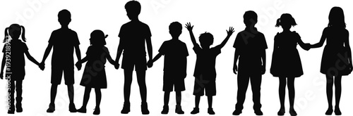 Black children silhouettes holding hands, diverse group unity, childhood togetherness, friendship, family bond vector illustration design artwork