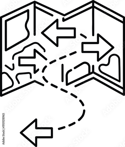 A black and white maze with arrows and a dotted path
