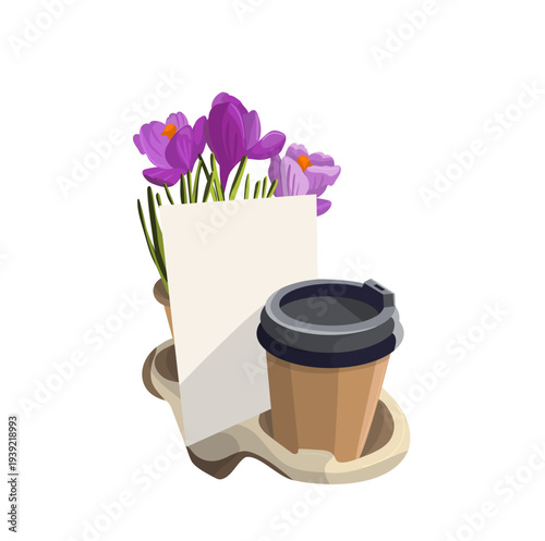 Flat vector illustration of takeaway coffee cup with spring crocus flowers bouquet and greeting card. Cozy spring composition symbolizing warm morning, seasonal flowers, coffee break and lifestyle con