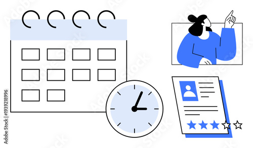 Calendar with days grid, clock showing time, profile sheet with ratings, and woman pointing. Ideal for time management, recruitment, scheduling, assessment, planning productivity and teamwork
