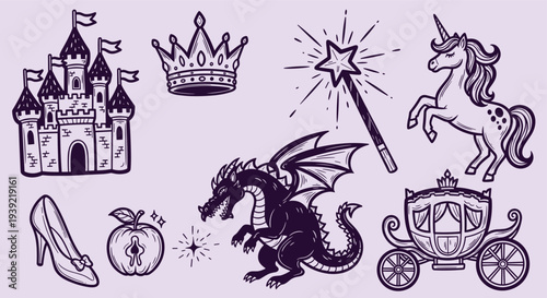 Enchanting fairytale elements including a castle dragon unicorn carriage crown wand shoe apple and magic sparkle illustrations