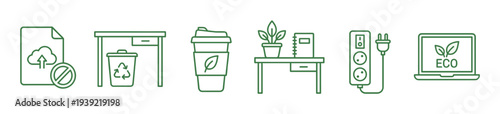 Set of green line icons for a sustainable office showing a recycling bin, reusable cup, and eco-friendly technology in a minimalist vector style illustration
