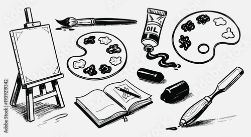 Collection of Art Supplies and Tools for Painting and Drawing on a White Background