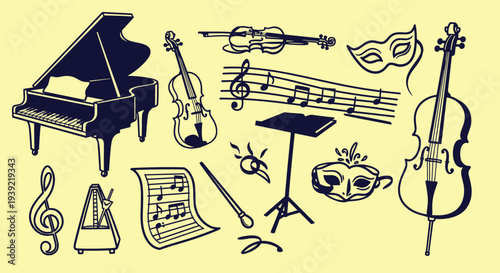 Vintage illustration of musical instruments and sheet music on a pale yellow background