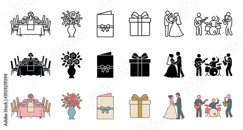 Set of wedding and celebration icons in three styles: line art, solid black silhouette, and full color, depicting a banquet table, flowers, gift, invitation, dancing couple, and live band