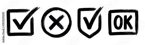 Hand drawn black grunge checkmark and cross icon collection featuring various shapes like a square box, circle, and shield for approval, rejection, and confirmation symbols