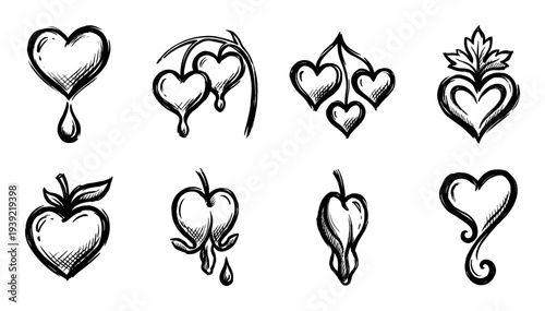 Diverse collection of eight hand-drawn heart icons rendered in a black ink sketch style, featuring romantic, floral, and symbolic designs for creative projects