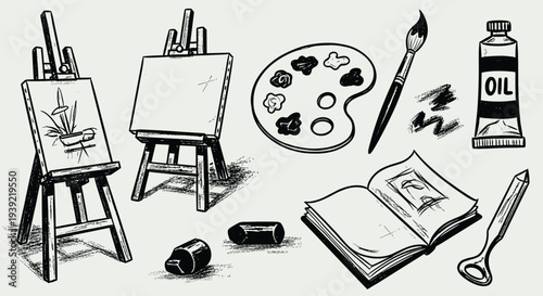 Artistic tools and supplies for painting and drawing displayed on a plain background for creative expression and hobbyists