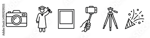 Set of black line art icons representing photography and graduation includes a camera, graduate, photo frame, selfie stick, tripod, and party popper for celebration