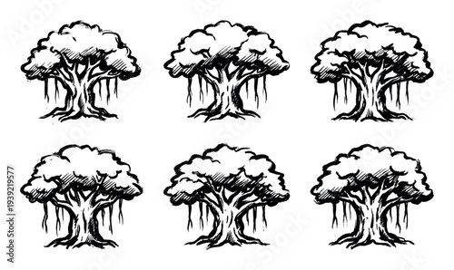 Six hand-drawn banyan tree illustrations in a black ink sketch style, showcasing the iconic aerial roots and lush canopy with a rough, artistic brushstroke texture