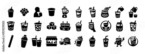 Bubble Tea and Boba Drink Silhouette Icon Set – Tapioca Milk Tea, Café Beverage Symbols Collection