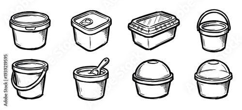 Collection of hand-drawn food containers in a sketch style, featuring various tubs, buckets, and plastic packaging for dairy, ice cream, and takeout meals in a monochrome design