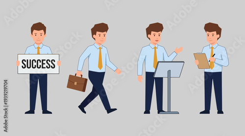 Corporate executive character set holding success sign, walking with briefcase, presenting at podium and writing on clipboard, concept for career growth, business presentation and office management