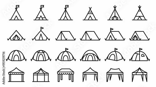 Collection of various tent line icons including tepee, dome and gazebo styles on white background, concept for outdoor adventure branding, camping website interface and tourism graphic design