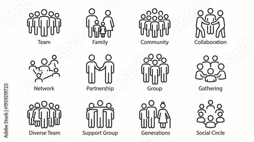 Black line icons set of office managers, business partners, family members and diverse community groups, concept for corporate branding, human resources and social network presentation