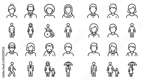 Set of diverse people line icons featuring office managers, corporate workers and executive staff, concept for human resources management, website interface design and team development