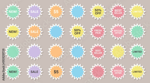 Set of colorful starburst price tags and promotion stickers with sale text on neutral background, concept for retail marketing, e-commerce discount and product advertisement