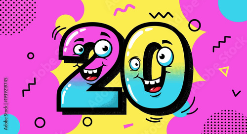 Playful 2020 Face Numbers in Style, Bright Pink Vibrant Background, Fun Meme