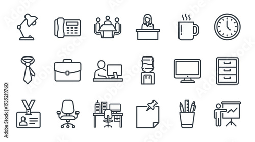 Set of professional office equipment and workspace line icons featuring executive staff and supplies, concept for corporate management, workplace organization and company branding