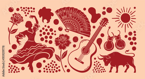 vibrant spanish cultural icons including flamenco dancer guitar bull fan roses and sun on a peach background