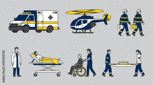 Illustration of emergency medical vehicles with paramedics, surgeons and nurses assisting patients on stretchers, concept for healthcare infographics, first aid training and hospital services