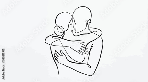 Minimalist continuous one line art drawing of a romantic couple embracing and hugging each other, concept for entrepreneur emotional support, manager work life balance and executive therapy